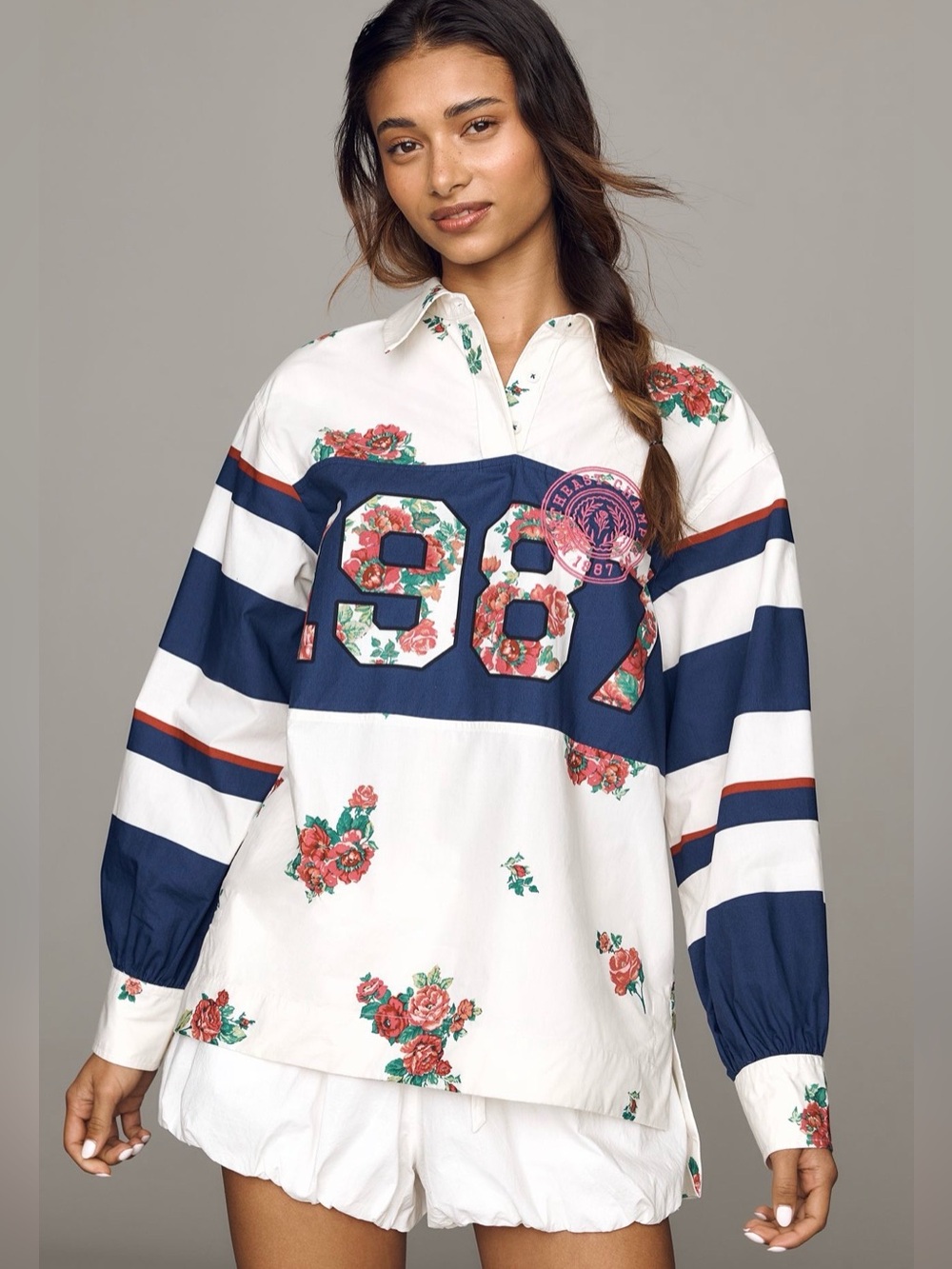 Anthropologie Maeve 100% Cotton Rugby Shirt in ivory pattern